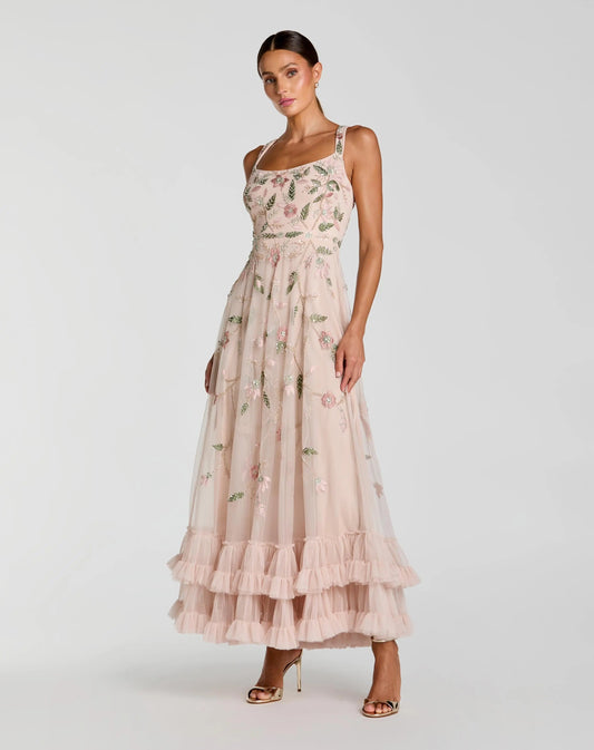 Pink Ruffle Midi Dress with Floral Embroidery