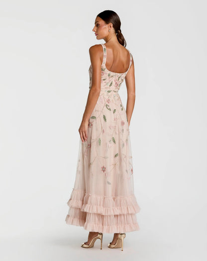 Pink Ruffle Midi Dress with Floral Embroidery