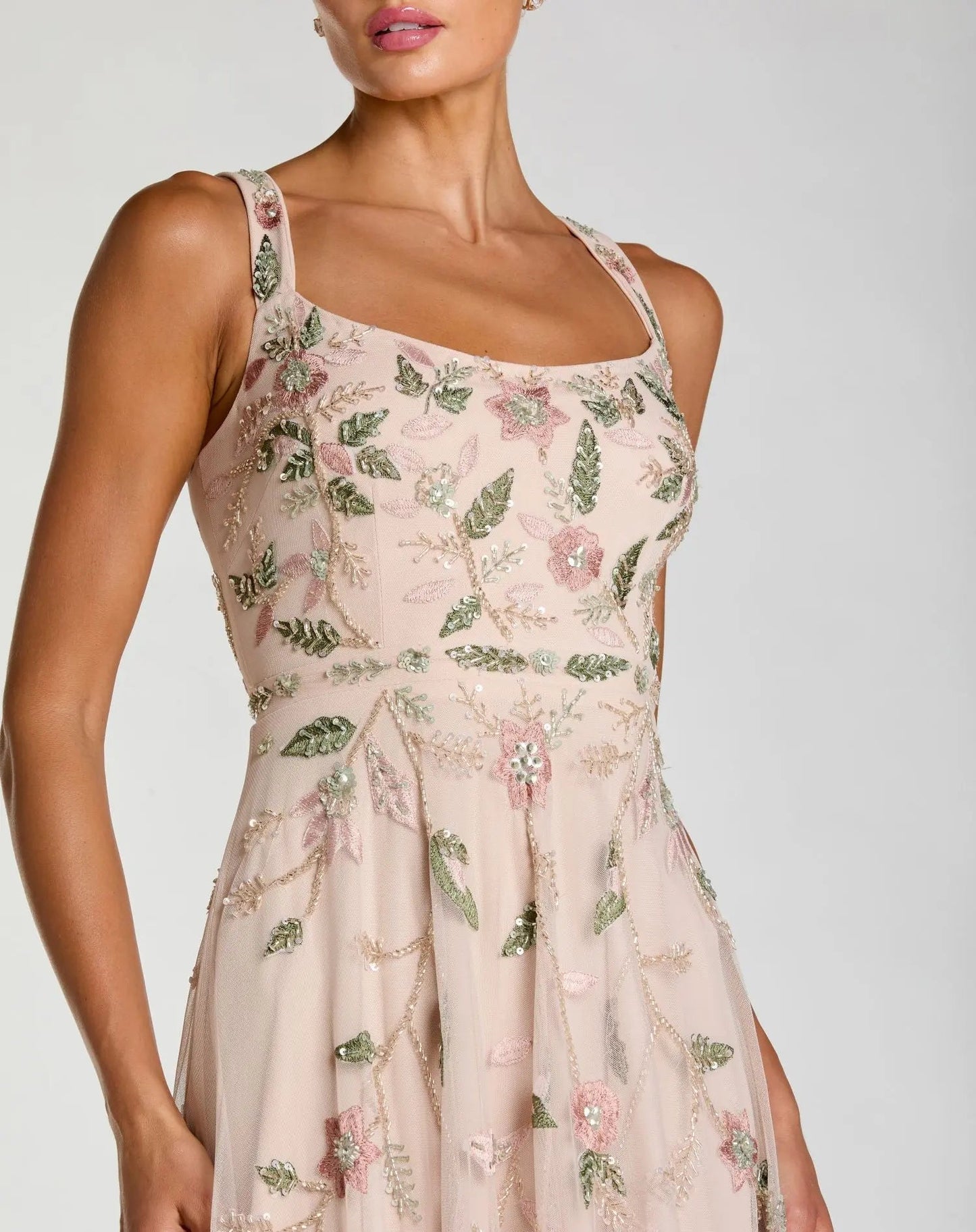 Pink Ruffle Midi Dress with Floral Embroidery