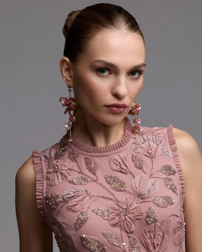 Pink High Neck Sleeveless Beaded Dress With Ruffled Hem