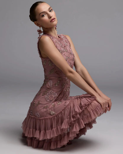Pink High Neck Sleeveless Beaded Dress With Ruffled Hem