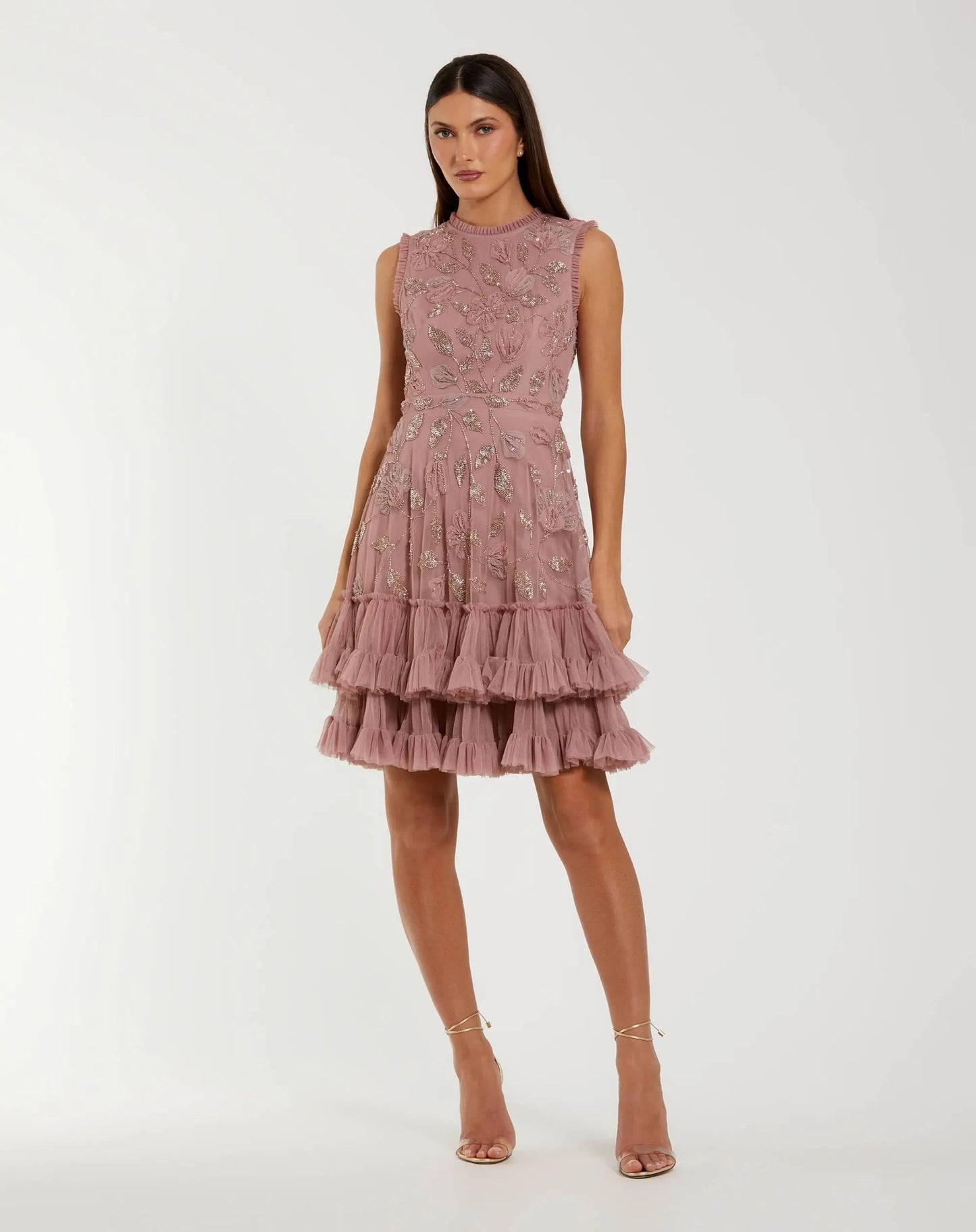 Pink High Neck Sleeveless Beaded Dress With Ruffled Hem