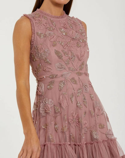 Pink High Neck Sleeveless Beaded Dress With Ruffled Hem