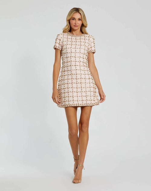 Pink Rhinestone And Pearl Embellished Mini Dress