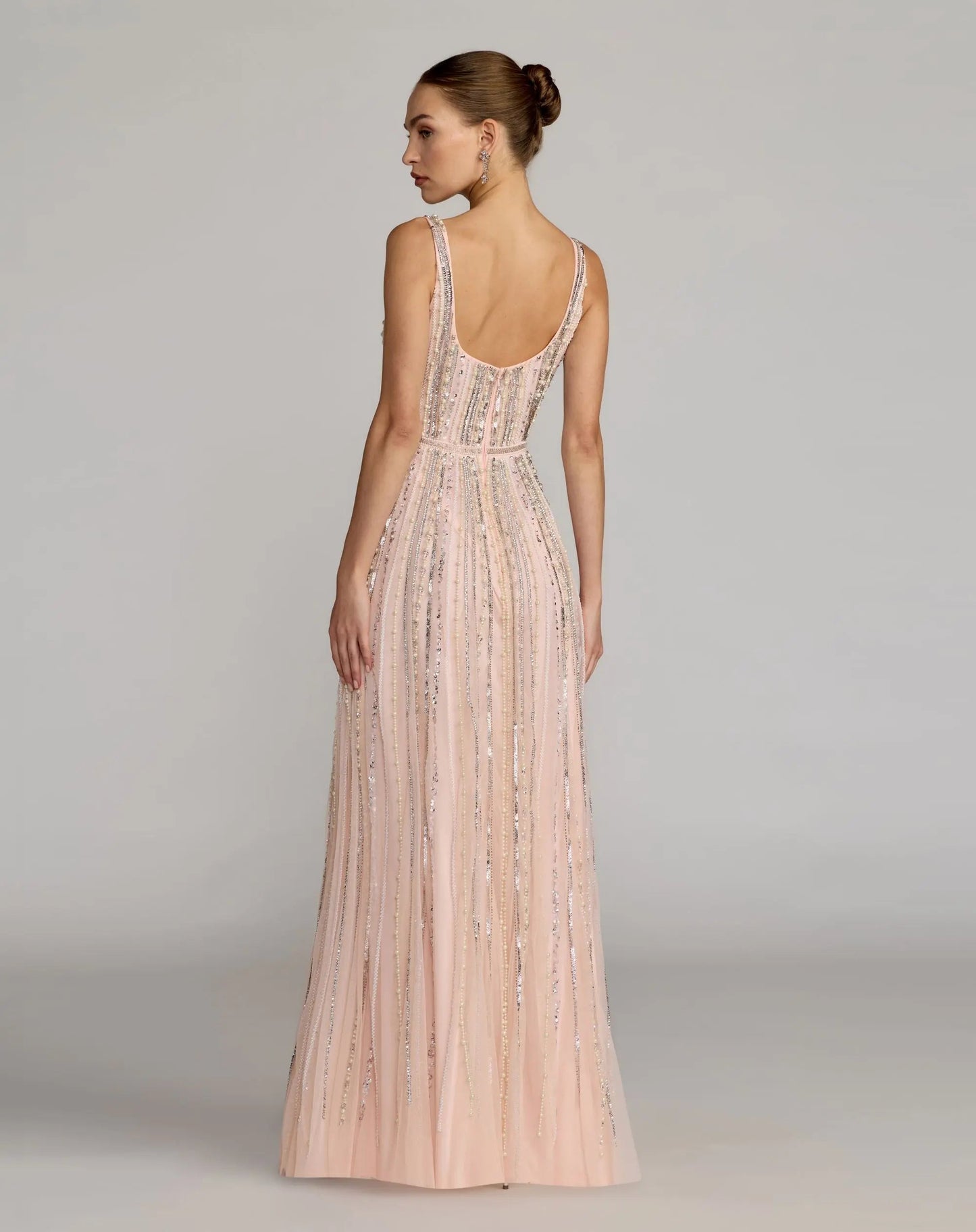 Pink Scoop Neck A-Line Gown With Striped Beading