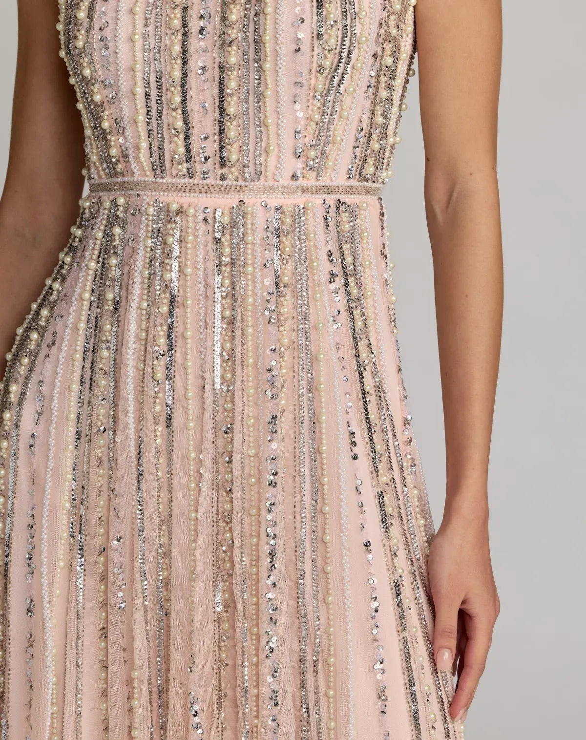 Pink Scoop Neck A-Line Gown With Striped Beading
