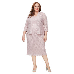SL Fashions 9413104 Two Piece Plus Size Lace Tea Length Jacket Dress