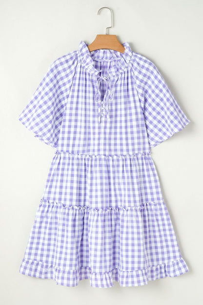 Hazel Blues® |  Plaid Tie Neck Short Sleeve Babydoll Mini Dress
