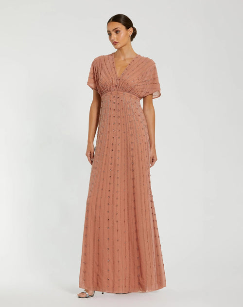 Pink Beaded Short Sleeve V-Neck Gown