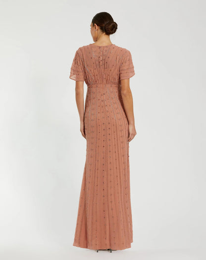 Pink Beaded Short Sleeve V-Neck Gown