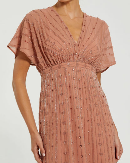 Pink Beaded Short Sleeve V-Neck Gown