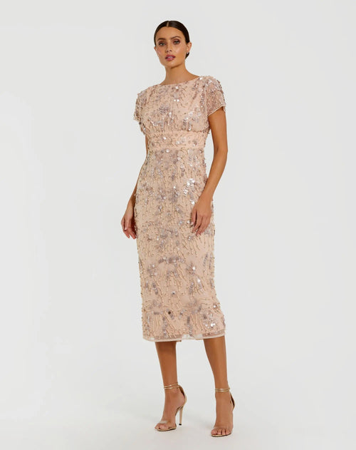 Pink Embellished Cap Sleeve Midi Dress