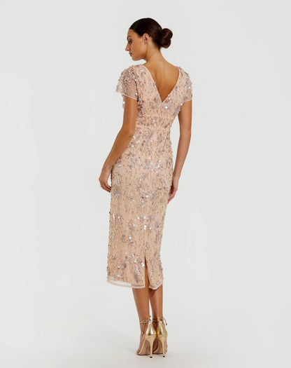 Pink Embellished Cap Sleeve Midi Dress