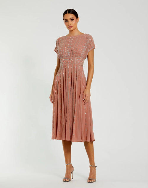 Pink Embellished Short Sleeve Midi Dress