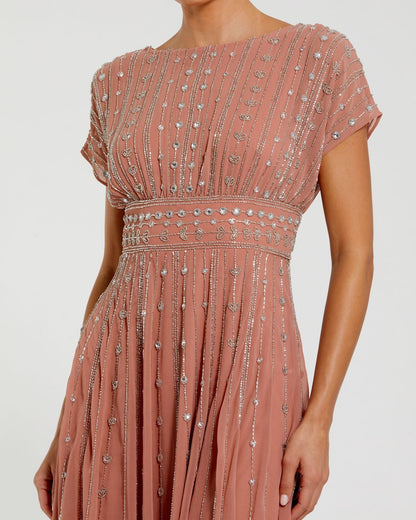 Pink Embellished Short Sleeve Midi Dress