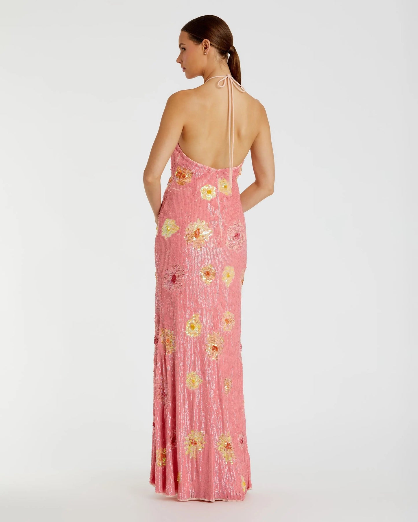 Pink Floral Sequin Halter Gown With 3D Flower