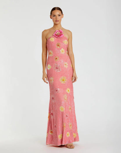 Pink Floral Sequin Halter Gown With 3D Flower
