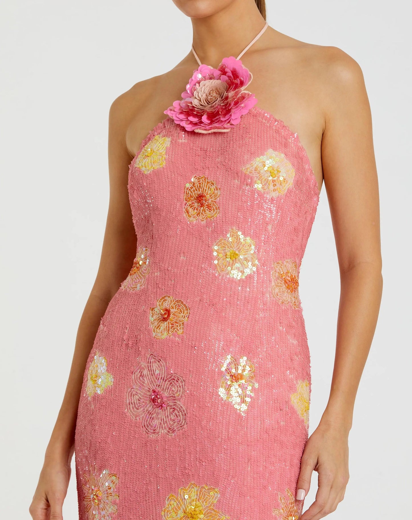 Pink Floral Sequin Halter Gown With 3D Flower