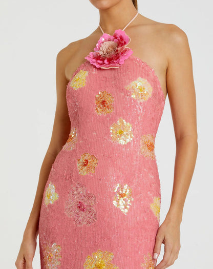 Pink Floral Sequin Halter Gown With 3D Flower