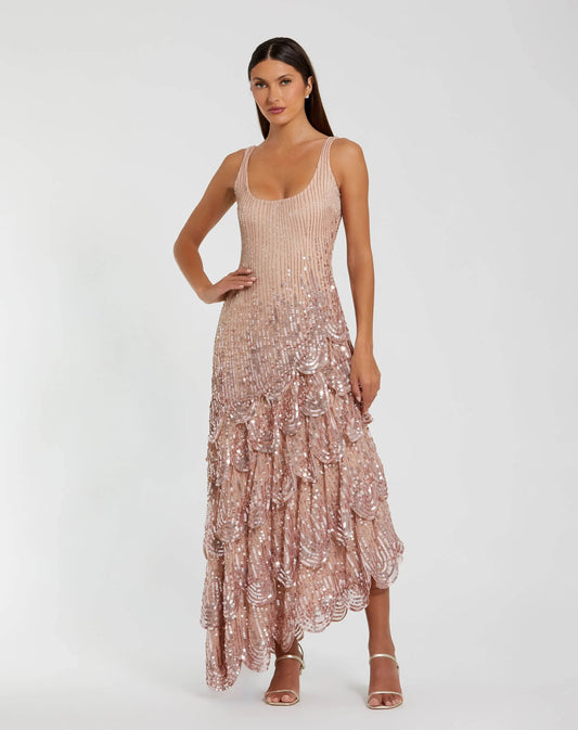 Pink Asymmetrical Scallop Hem Embellished Dress