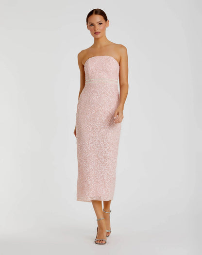 Pink Pearl Embellished Strapless Midi Dress