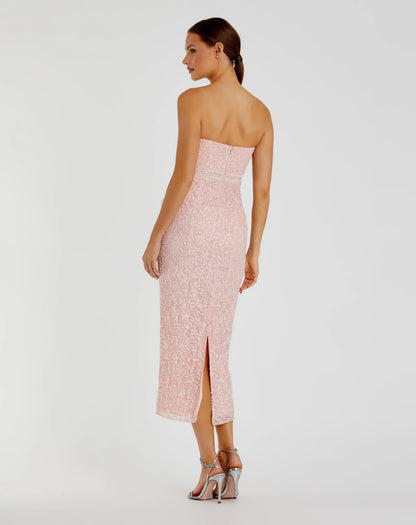 Pink Pearl Embellished Strapless Midi Dress