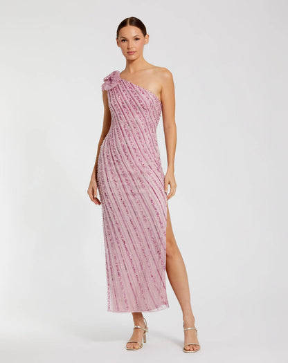 Pink One Shoulder Beaded Mesh Dress With Flower