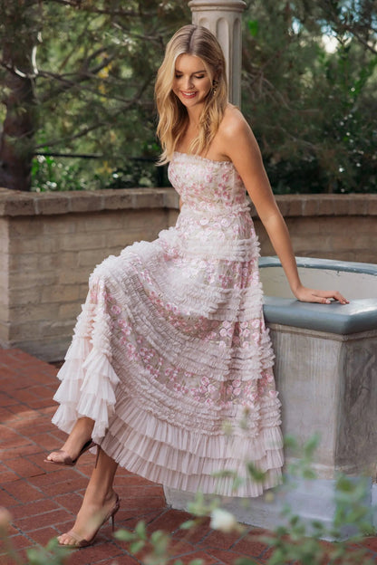 Pink Floral Embroidered Strapless Ruffle Maxi Dress