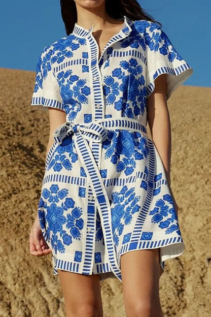 Hazel Blues® |  Printed Tie Waist Short Sleeve Dress