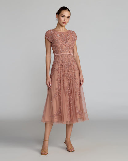 Pink Floral Embellished Cap Sleeve Midi Dress