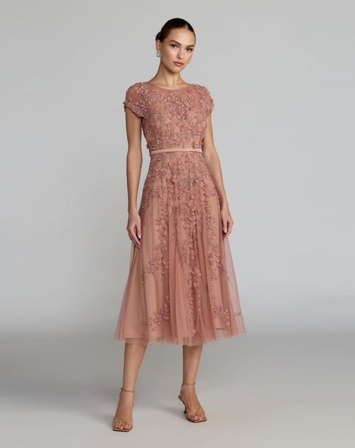 Pink Floral Embellished Cap Sleeve Midi Dress