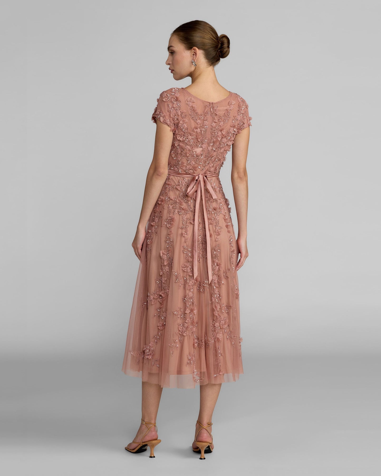 Pink Floral Embellished Cap Sleeve Midi Dress