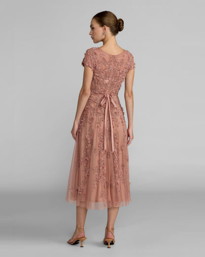Pink Floral Embellished Cap Sleeve Midi Dress