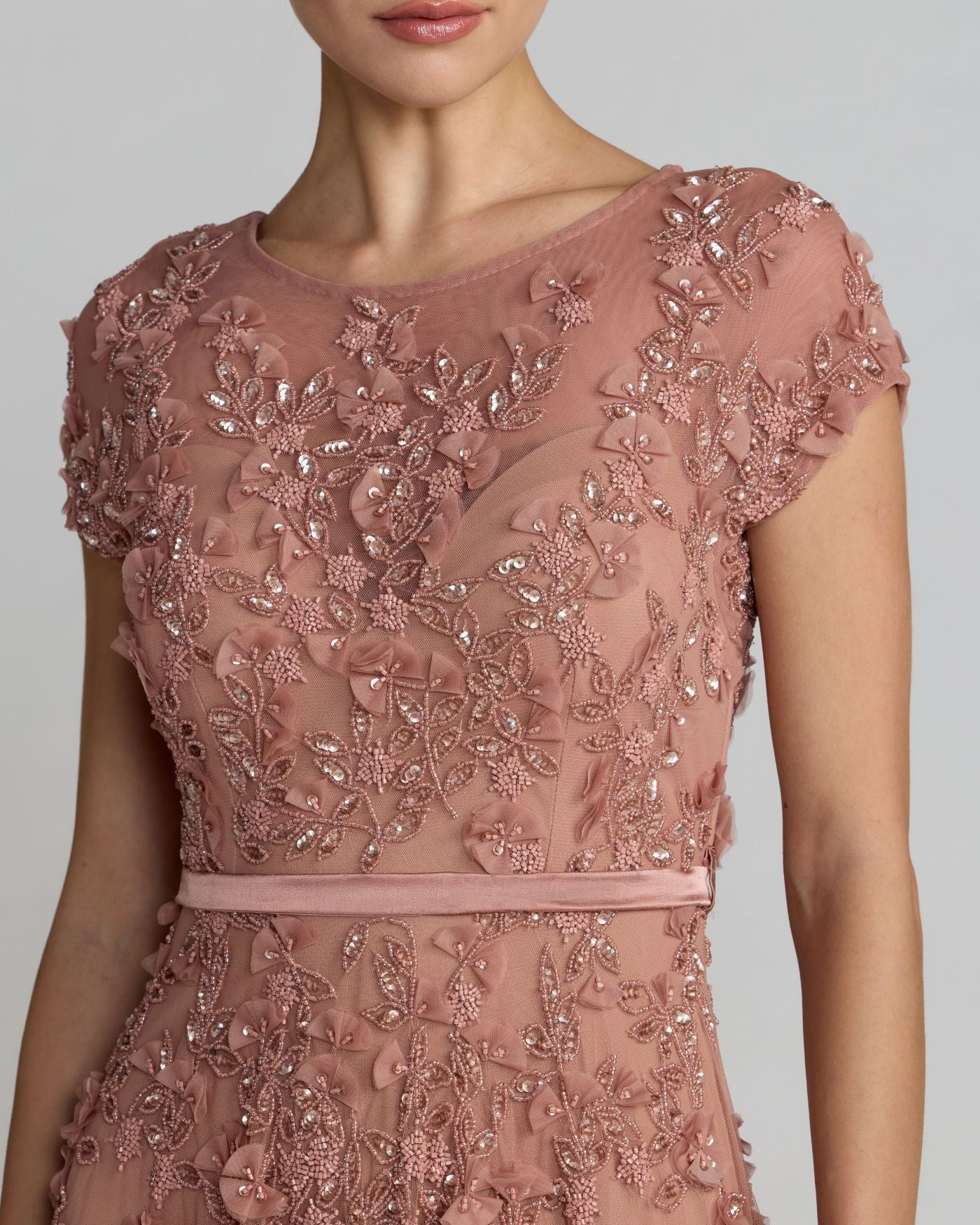 Pink Floral Embellished Cap Sleeve Midi Dress