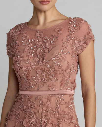 Pink Floral Embellished Cap Sleeve Midi Dress