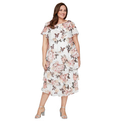 SL Fashions 9471803 Plus Size Printed Tiered Capelet Tea Length Dress