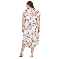 SL Fashions 9471803 Plus Size Printed Tiered Capelet Tea Length Dress