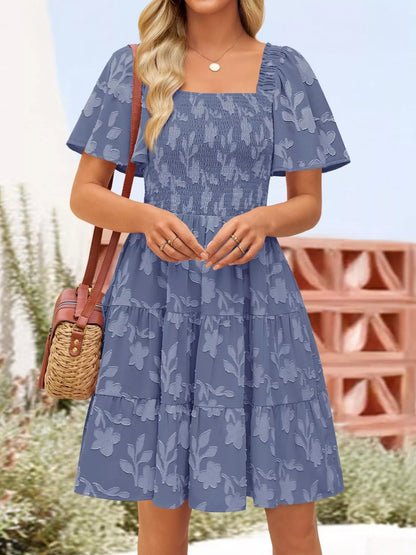Hazel Blues® |  Smocked Square Neck Tiered Mini Dress
