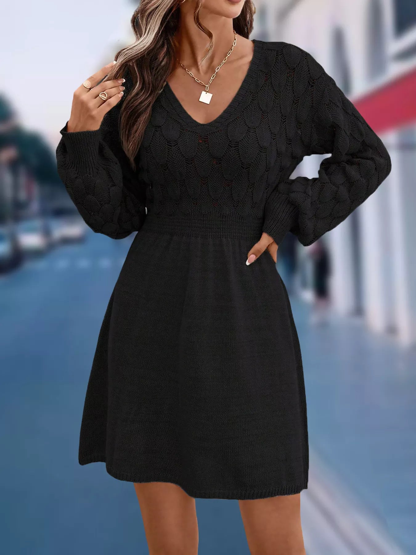 Hazel Blues® |  V-Neck Long Sleeve Sweater Dress