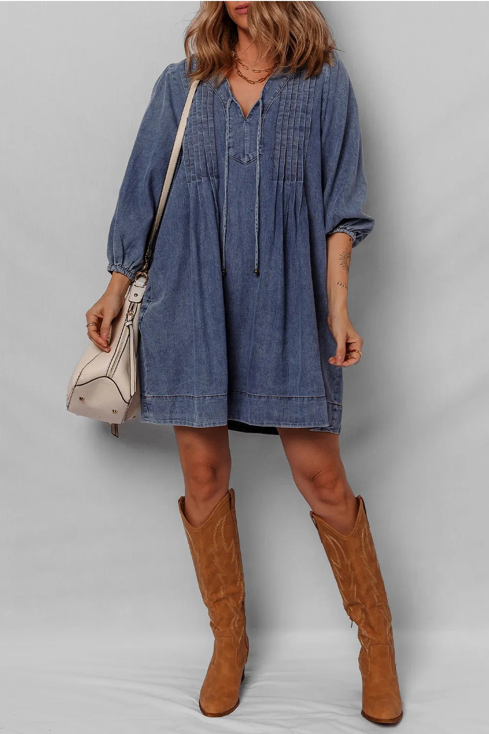 Hazel Blues® |  Tie Neck Long Sleeve Mini Denim Dress