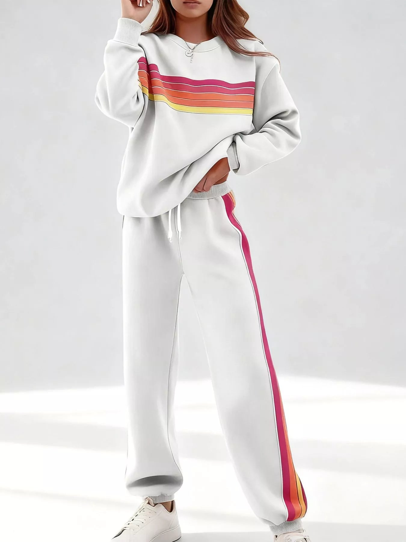 Hazel Blues® |  Striped Round Neck Sweatshirt and Pants Set