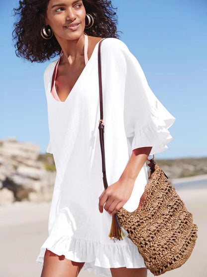 Hazel Blues® | Ruffled Trim V-Neck Cover-Up Dress