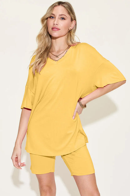 Hazel Blues® |  Basic Bae Bamboo V-Neck Drop Shoulder T-Shirt and Shorts Set