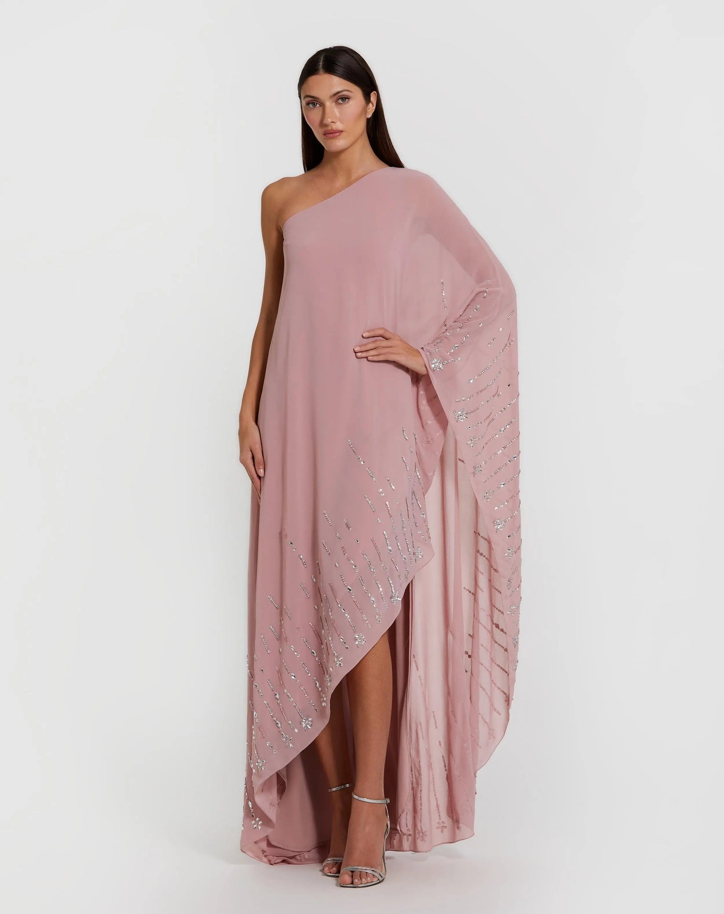 Pink One Shoulder Embellished Trim Kaftan Gown