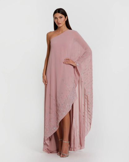 Pink One Shoulder Embellished Trim Kaftan Gown