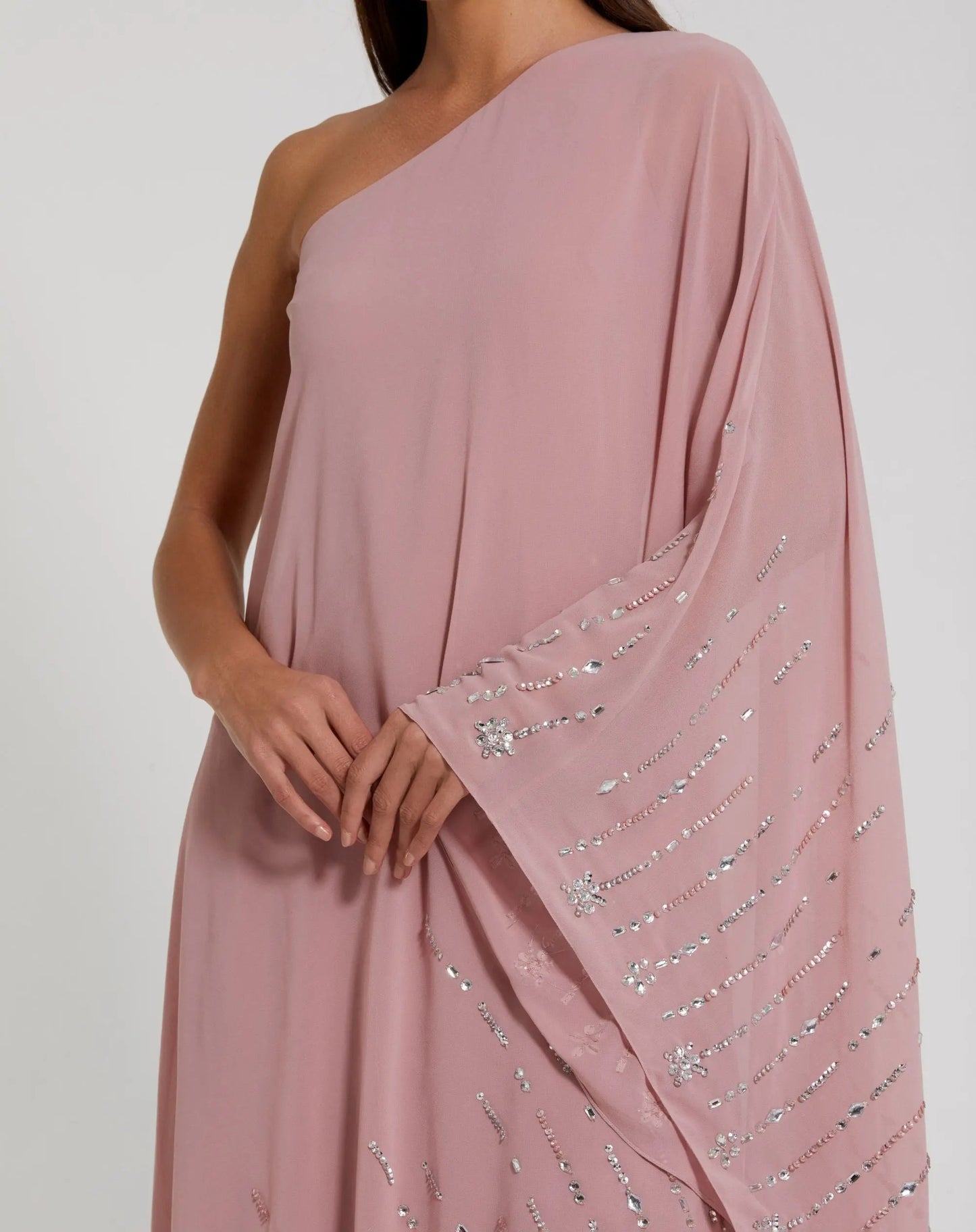 Pink One Shoulder Embellished Trim Kaftan Gown