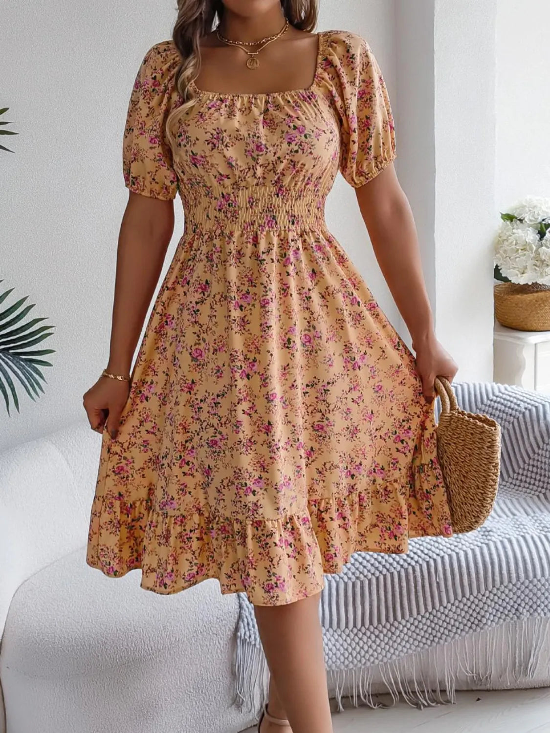 Hazel Blues® |  Ruffled Hem Floral Puff Sleeve Dress