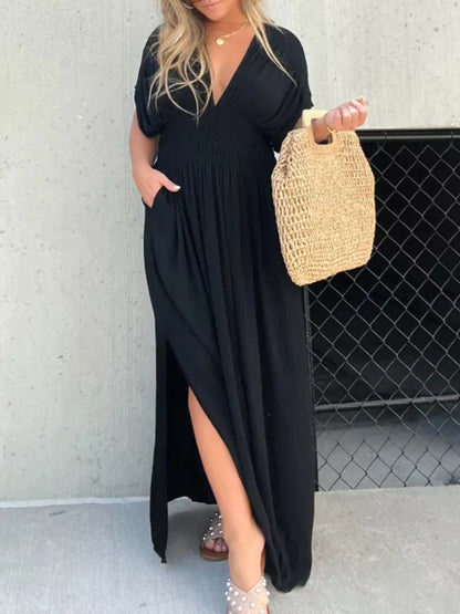 Hazel Blues® | Slit V-Neck Smocked Waist Maxi Dress