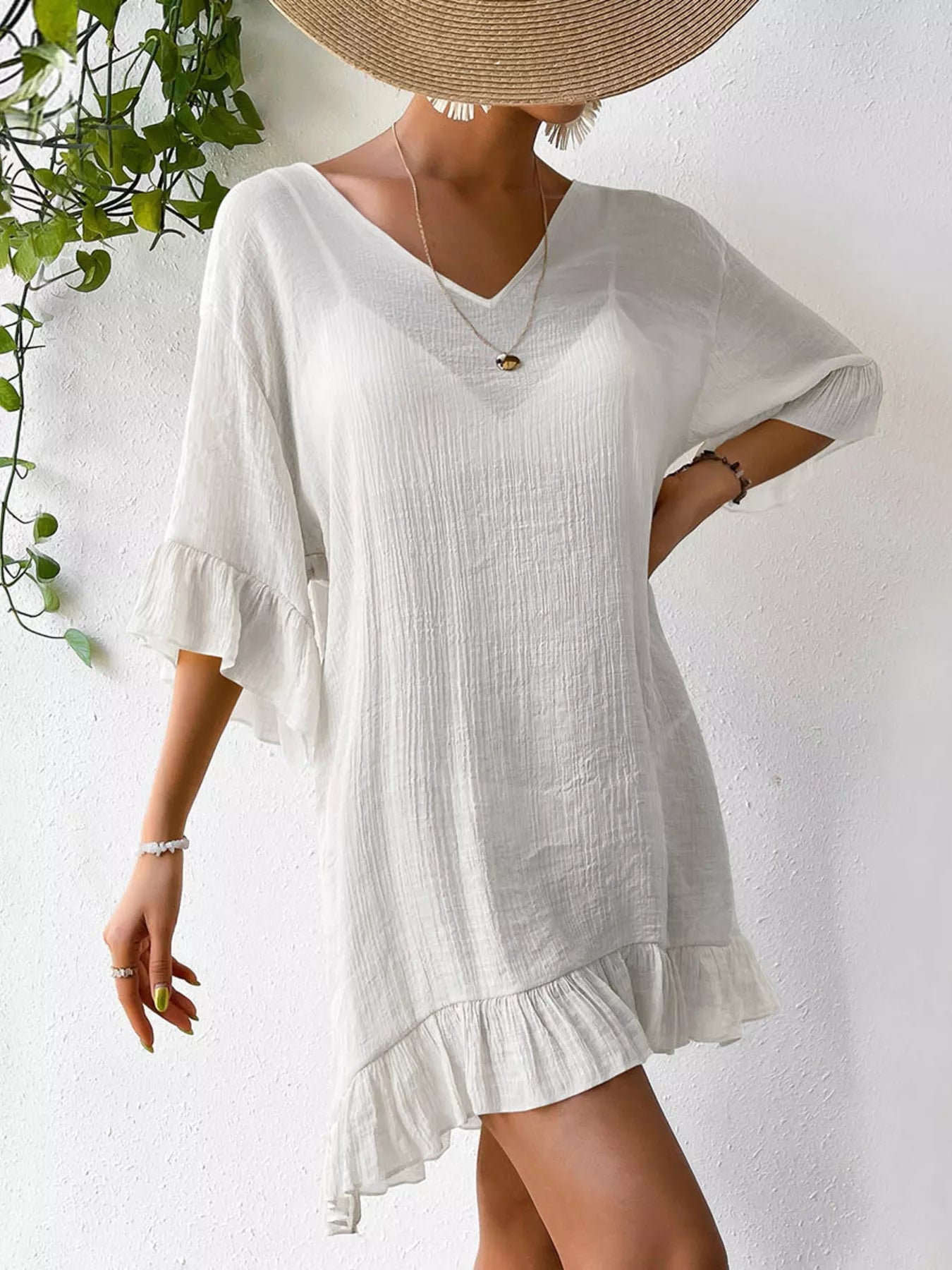 Hazel Blues® | Ruffle Trim Butterfly Back V-Neck Cover-Up Dress