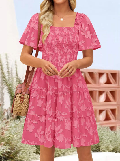 Hazel Blues® |  Smocked Square Neck Tiered Mini Dress